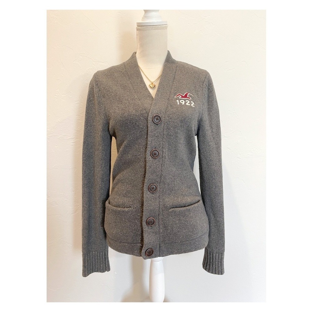 Y2K Hollister Womens Gray Button Cardigan Sweater S Academia Collegiate Preppy